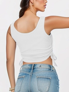 Slim fit white ribbed tank top for women with sexy side drawstrings and deep U-back