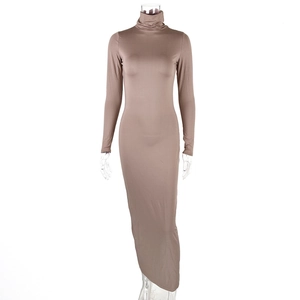 Detail of high neck long sleeve slim fit brown maxi dress on a mannequin