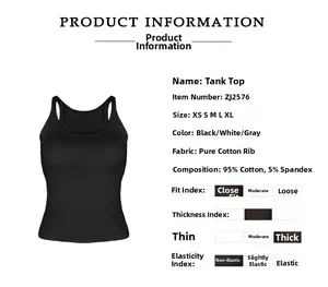 Detailed size chart and specifications for black ribbed cotton U-neck tank top