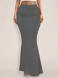 Elegant dark grey high waist slim fit maxi skirt with pleated details and bodycon silhouette