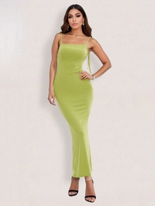 Robe Maxi Moulante Dos Nu Sexy Pour Femmes Bretelles Spaghetti Couleur Unie Coupe Slim Tenue De Soirée Clubwear Robe Longue D'été