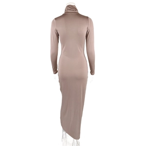 Detail view of the back profile of a bodycon turtle neck long sleeve maxi dress