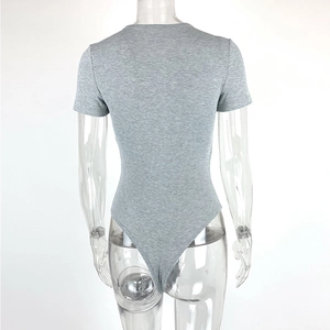 Rear view of grey ribbed short sleeve bodysuit showing seamless fit on mannequin