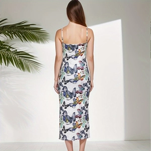 Weißes Rückenfreies Kleid mit Schmetterlingsdruck und schmalen Spaghettiträgern