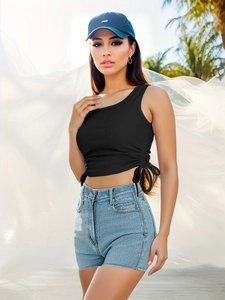 Detail of black ribbed cropped tank top with adjustable side drawstrings and ties