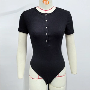 Close-up of black ribbed knit bodysuit with silver metal buttons and crew neck detail