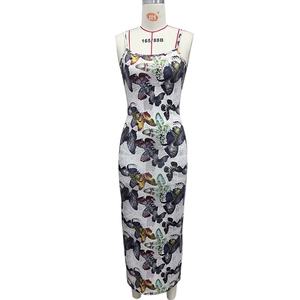 Sexy rückenfreies Bodycon-Midikleid mit Schmetterlingsdruck und Spaghettiträgern