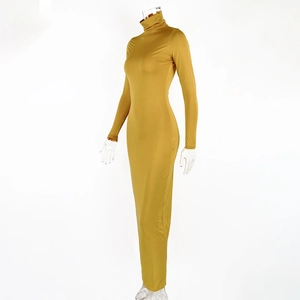Detailed view of the mustard yellow high-neck slim maxi dress with long sleeves