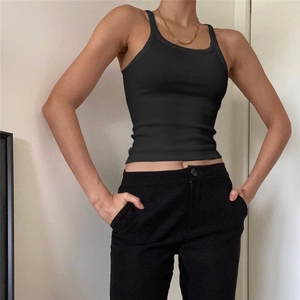 Close-up of black ribbed tank top texture and U-neckline on a slim-fitting model
