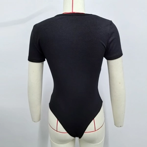 Close-up of black ribbed knit short sleeve bodysuit with high-cut design on mannequin