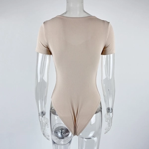 Back view of a beige ribbed short-sleeve bodysuit featuring a slim-fit knitted design
