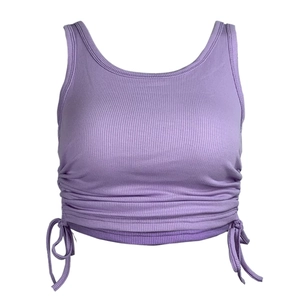 Detail view of lavender ribbed knit crop top with side adjustable drawstrings and ruching