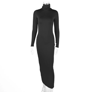 Close-up of black bodycon maxi dress featuring a high turtleneck and long sleeves