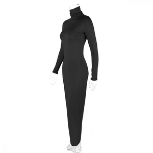 Detail of black high-neck long-sleeve bodycon dress with elegant ruched collar design