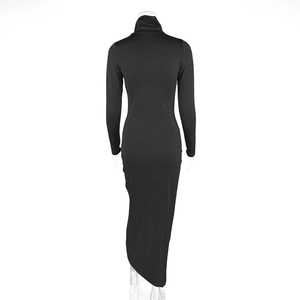 Back view of a sleek black high-neck long-sleeve slim fit maxi dress with a minimalist design