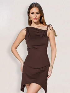 Vestito Mini Donna Sexy Schiena Scoperta Arricciato Irregolare Scollo a Cappuccio Asimmetrico Spalline Sottili Senza Maniche