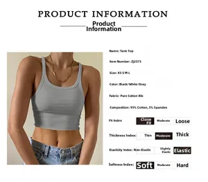 Detail view of grey ribbed crop top with 95% cotton fabric and size specifications