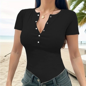Slim fit black ribbed short sleeve bodysuit with V-neck buttons and knitted texture
