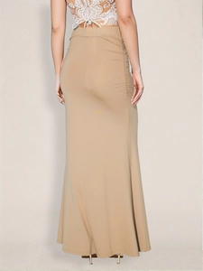 Detail of ruched side seam and fishtail hem on this khaki bodycon maxi skirt