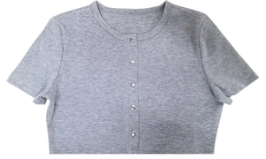 Detail of grey short sleeve ribbed bodysuit featuring front silver button placket and round neck
