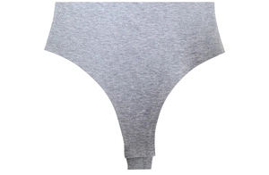 Detail shot of the high-cut leg opening and light grey ribbed knit fabric of the bodysuit