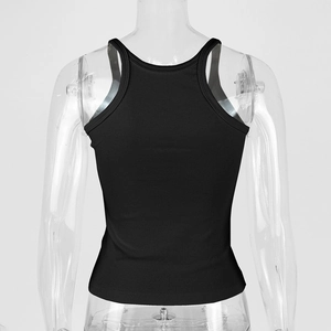 Detailed back view of black ribbed U-neck tank top with vertical elastic cotton texture
