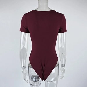 Detail view of the ribbed knit fabric and back design on the burgundy short sleeve bodysuit