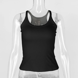 Close-up of black ribbed cotton fabric and racerback design on a slim fit tank top
