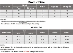 Guide des tailles détaillé en cm et pouces pour cette robe longue de soirée moulante