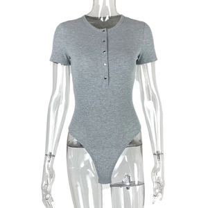 Short sleeve grey ribbed knit bodysuit for women featuring a henley button neckline