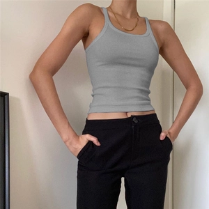 Detail of dark grey ribbed cotton tank top showing slim fit and U-neck texture
