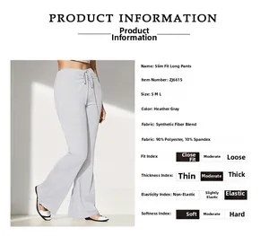 Detailed size chart and fabric specifications for pleated low-rise flared casual trousers
