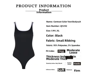 Size chart and fabric details for black ribbed bodysuit with white contrast U-neck trim