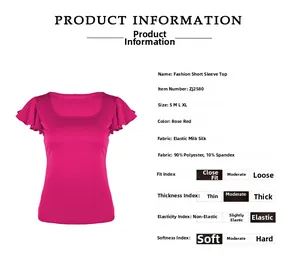Detail of square neck fuchsia top showing ruffle sleeves and fabric composition chart