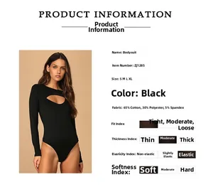 Detail view of black cut-out bodysuit fabric composition and size chart information