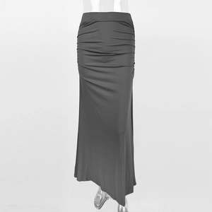 Detailed view of dark grey high waist maxi skirt with side ruched pleat design