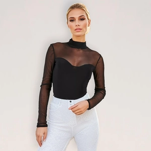 Sexy Women Black Mesh Patchwork Long Sleeve Bodysuit Mock Neck Slim Fit Leotard Polyester Spandex Party Clubwear Casual Top