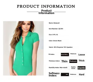Detail of green ribbed knit bodysuit showing the polo collar and button-up front