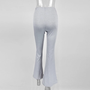 Rear view detail of light grey pleated flared pants with slim fit and elastic fabric