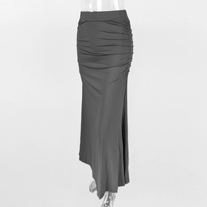 Detailed view of dark grey ruched maxi skirt with elastic high waist slim fit