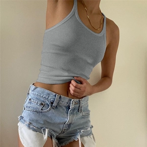 Close-up of grey ribbed knit texture and U-neck design on a slim-fit crop tank top
