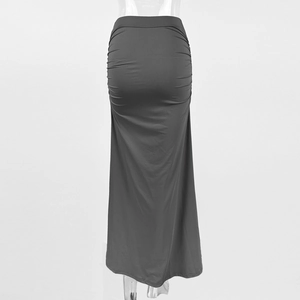 Detailed view of grey ruched maxi skirt with side gathers and bodycon fit design
