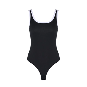 Sleeveless U-neck ribbed bodysuit with contrast white trim and open back design