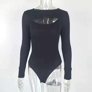 Close-up of black ribbed long-sleeve bodysuit featuring a front oval cutout detail