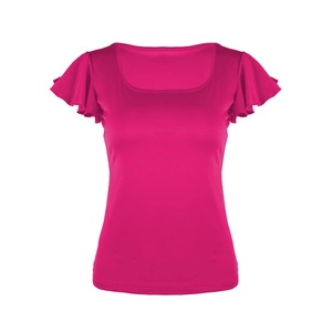 Detail of square neckline and layered ruffle sleeves on fuchsia slim-fit summer t-shirt