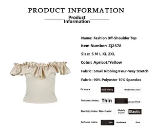 Size chart for apricot off-shoulder top featuring ruffle neckline and ribbed texture