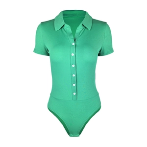 Detail of lime green ribbed knit bodysuit with polo collar and white front buttons