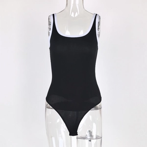 Detail of black ribbed bodysuit with U-neck, sleeveless design and white contrast binding