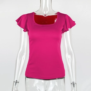 Detail of rose red slim fit top with square neckline and layered ruffle sleeves