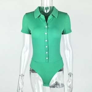 Detail of green ribbed knit bodysuit with polo collar and white contrast buttons
